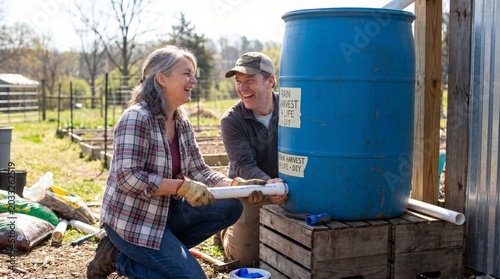 Couple installing rainwater harvesting system in backyard garden