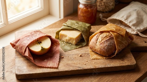 Fresh groceries wrapped in eco friendly paper on wooden board