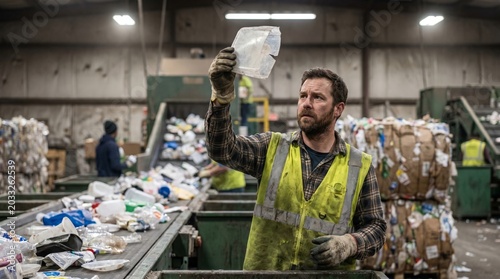Worker inspecting plastic waste at recycling facility