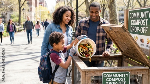 Family composting food scraps at community drop off station in urban park