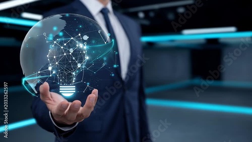 Businessman holding a glowing AI idea hologram in a dark futuristic environment, innovation, artificial intelligence, digital transformation and business technology concept. artifi