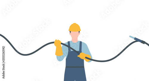 Tableau sur toile Electrician holding power cable, industrial worker with safety gear, connection