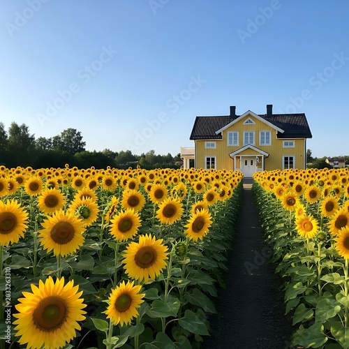 Sunny yellow house overlooks endless rows of vibrant sunflowers under a clear blue sky