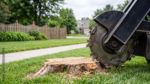 Stump grinder removes tree stump from residential lawn. Forestry machinery for wood removal and landscaping maintenance. Industrial tool for stump grinding in backyard yard improvement.