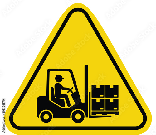 Forklift truck warning sign pictogram of a person operating a forklift with boxes safety symbol for industrial areas and warehouses isolated on yellow triangle