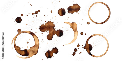 Fotografía Set of brown coffee cup ring stains and messy liquid splashes on a flat surface