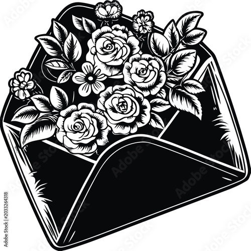 Foto Black and white floral envelope, vintage bouquet illustration, monochrome flower