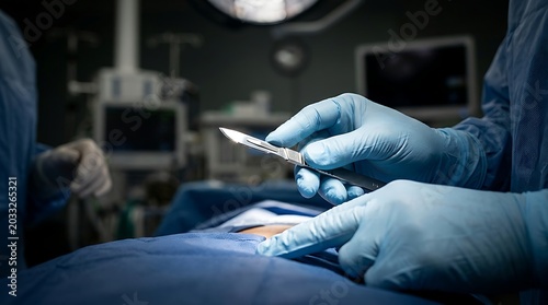 Surgeon holding a sharp scalpel in a sterile operating room