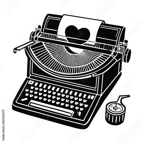 Photos Vintage typewriter, heart symbol, black and white illustration, retro writing ma