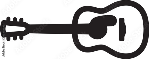 Guitar silhouette rendered in a bold black line art style represents musical hobby and performing arts culture.