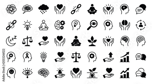 Foto Mental health icons set, psychology and emotional wellness vector symbols, 45 bl