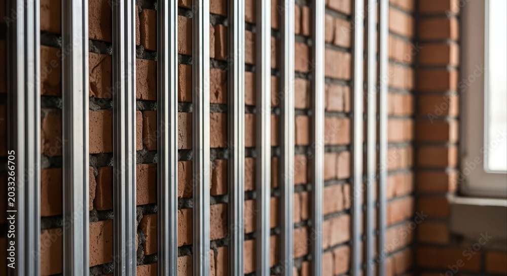 Obraz premium Vertical metal screed tracks against a brick wall during renovation, highlighting construction precision and texture.