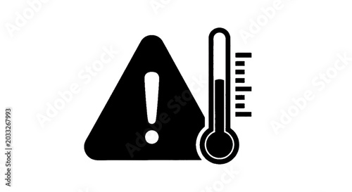 Minimal black silhouette icon, simple flat vector, bold black shape, no, no shading high temperature warning icon, thermometer with exclamation mark on a, flat icon style