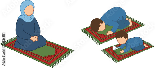 Tableau sur toile Flat vector illustration of Muslim family performing prayer on mats featuring wo