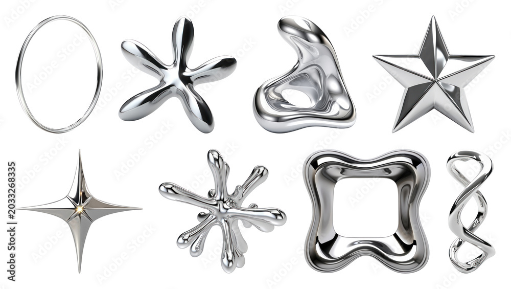 Fototapeta premium PNG Abstract shiny metallic shapes collection on transparent background