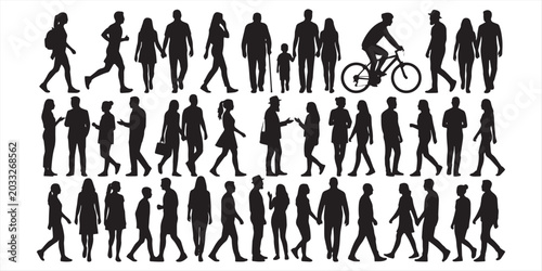Foto Business People Silhouette Set, Walking Sitting Talking Human Figures Collection