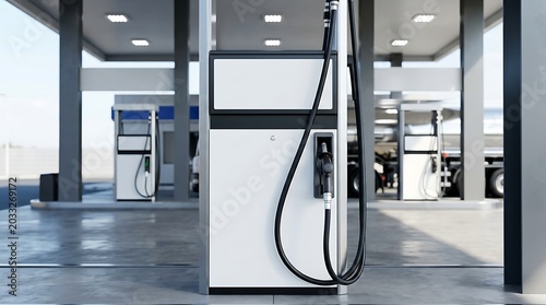 Modern white gas pump at a clean service station under a canopy