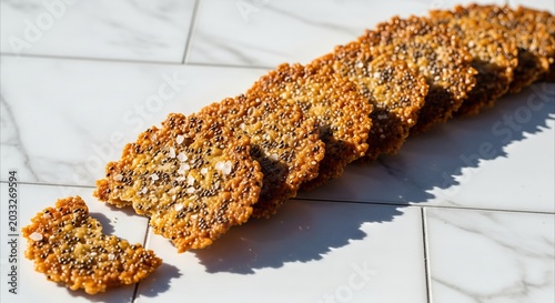 Crispy seeded crackers with sea salt arranged diagonally on a marble surface bathed in sunlight, offering ample copy space.