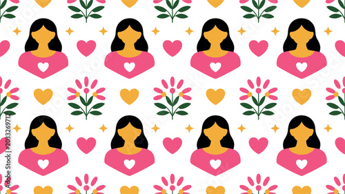 Colorful illustration of women with hearts and flowers