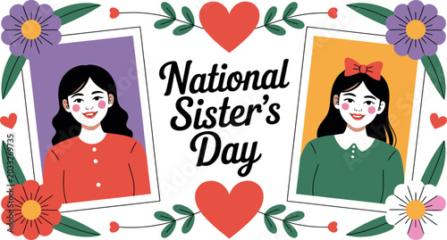 National sisters day illustration with colorful flowers and hearts around two smiling sisters