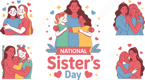 National sisters day illustration with colorful cartoon sisters and hearts