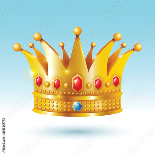 Golden Royal Crown with Jewels on Blue Sky Background