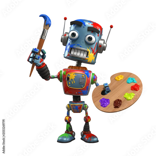 blue robot with a toy