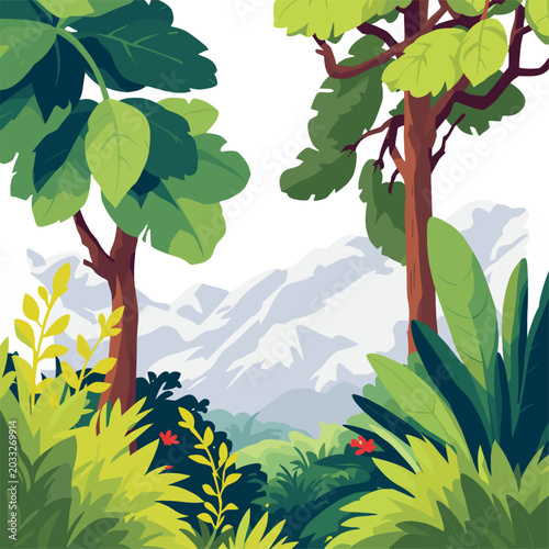 Tropical forest landscape with lush trees and mountains, vibrant jungle illustration with exotic greenery and natural scenery
