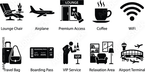 Airport lounge icons set