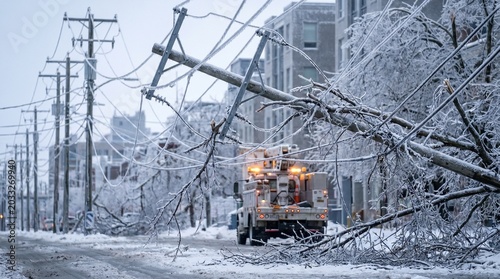 Utility truck repairing downed power lines after winter storm damage  