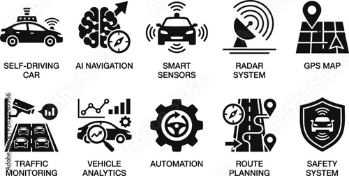 Autonomous Driving Technology Icons Set