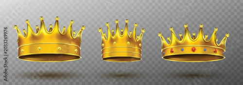 Three golden royal crowns with jewels on a transparent background, symbolizing power and royalty