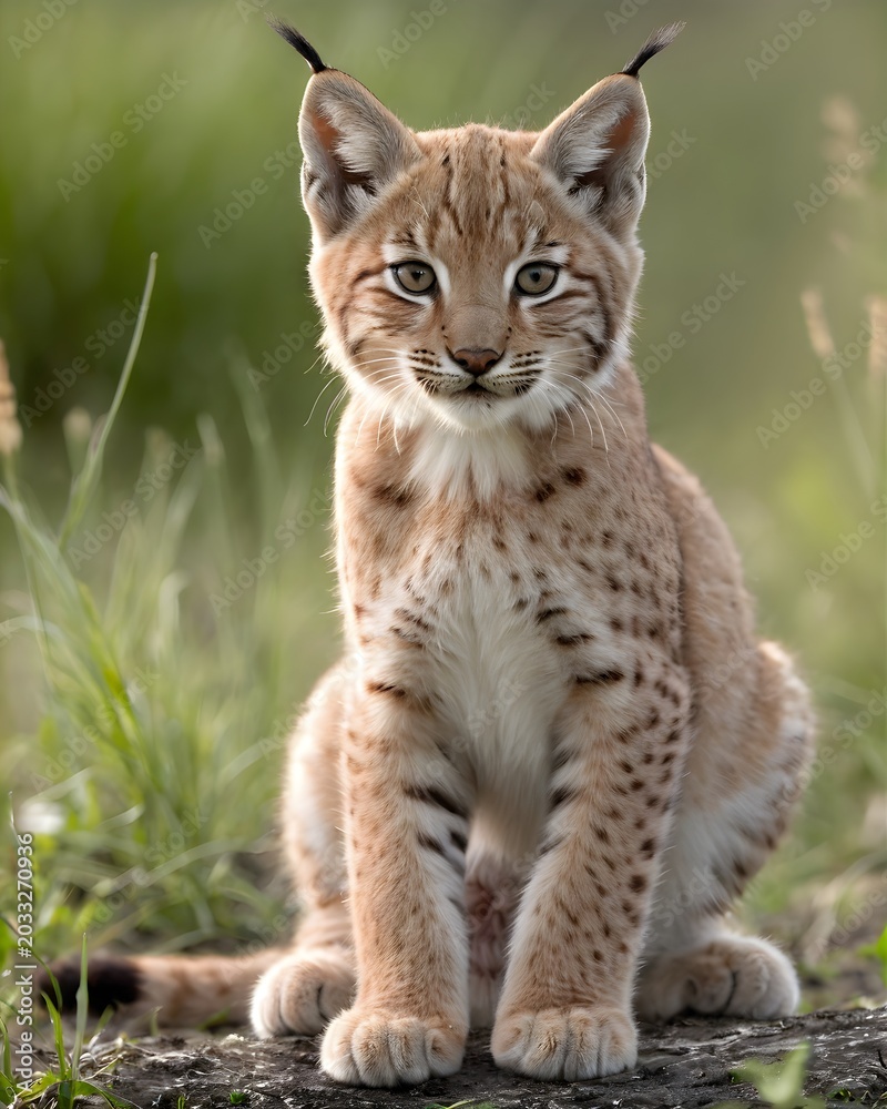 Obraz premium A eurasian lynx kitten fantasy animal, fictional species , in an ashen bone meadow