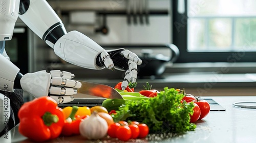 A robotic chef preparing a fresh salad, with mechanical arms chopping vegetables on a kitchen counter