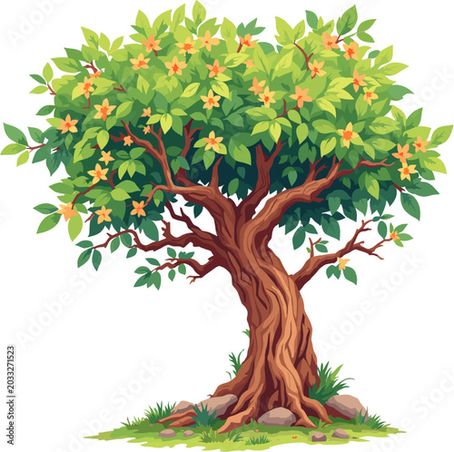 Blossoming spring tree with green leaves and flowers, decorative botanical illustration of blooming garden plant in natural landscape