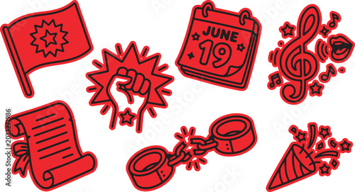 Bild auf Leinwand Juneteenth celebration icons with party popper black history civil rights hand d