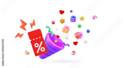 3d party popper with confetti and coupon Confetti fireworks for the event happy birthday, victory concept, winner prize