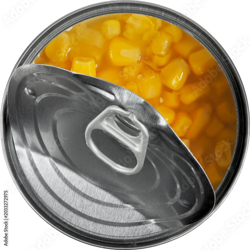 Open can with maize isolated on white