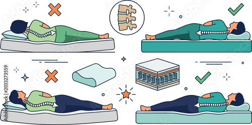 Foto Correct Mattress Firmness and Spine Alignment Infographic Vector Set Featuring R