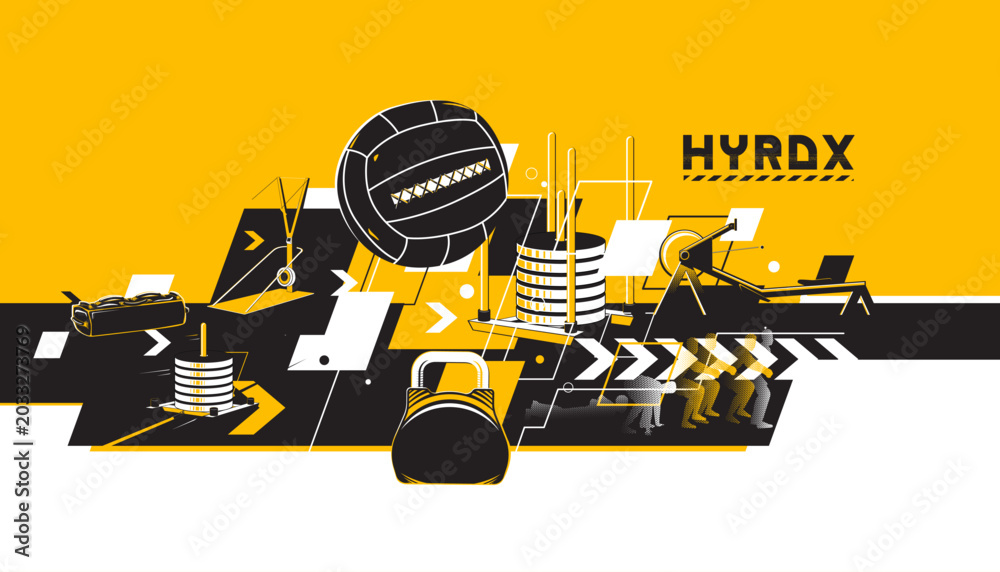 Fototapeta premium Hyrox indoor fitness banner design with 8 functional workout stations.