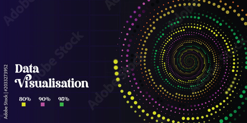 Abstract data visualization spiral background with colorful glowing dots and circles on dark blue grid representing statistics growth and digital information flow.