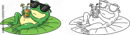 Relaxed Cartoon Frog in Sunglasses on Lily Pad Sipping Juice Summer Leisure