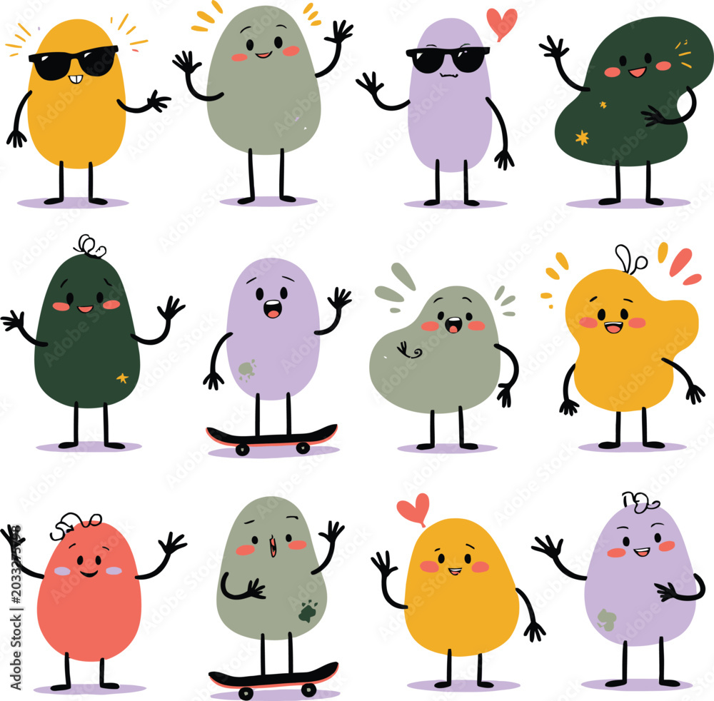 Fototapeta premium Cartoon pebble characters with expressions colorful vector illustration