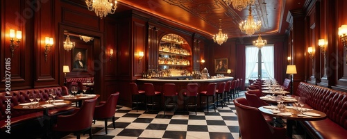 Elegant bar, restaurant interior features rich wood paneling, plush red leather seating, long curved bar with liquor bottles, striking black, white checkered floor. Crystal chandeliers, wall sconces