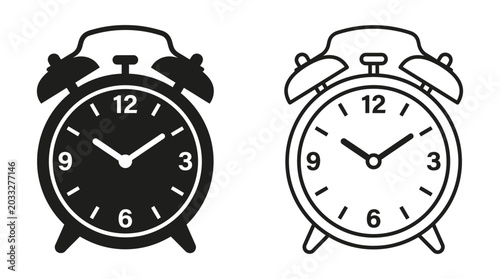 Alarm clock silhouette and line drawing on a white background