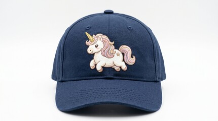 Navy blue baseball cap with an embroidered unicorn isolated on white background