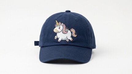 Navy blue baseball cap with a cute embroidered unicorn design