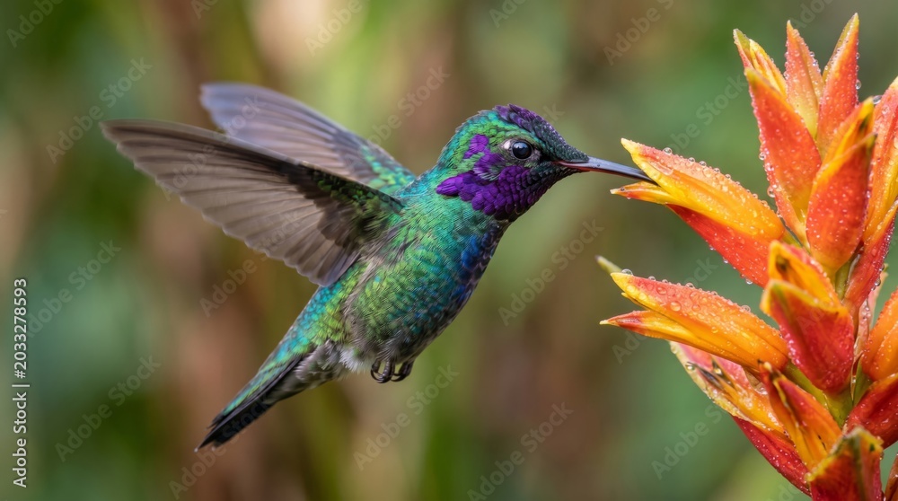 Fototapeta premium Sparkling violetear hummingbird hovering and drinking nectar from a vibrant orange heliconia flower