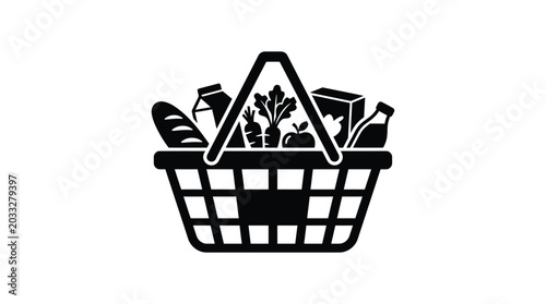 Obraz na plátně Shopping Basket Silhouette With Groceries On White Background