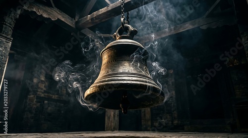 Ancient bronze bell hanging in a mystical dark temple with smoke